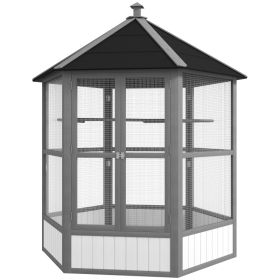 69" Wooden Hexagonal Outdoor Aviary Flight Bird Cage With Covered Roof, Light Gray
