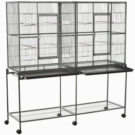 Rolling 65"L Bird Cage w/ Storage Shelf Wood Perch Food Container