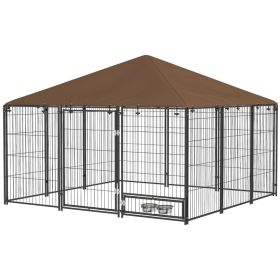 Outside Dog Kennel, 6.9 x 4.6 x 5 Puppy Play Pen with Canopy, Garden Playpen Fence Crate with Rotating Bowl, Black