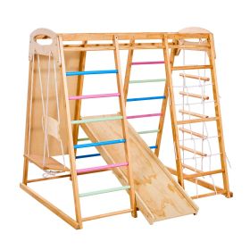 Indoor Playground Jungle Gym, 7-in-1 Wooden Indoor Playground for Kids, 250LBS Montessori Climbing Toys Playset with Swing, Monkey Bar, Slide