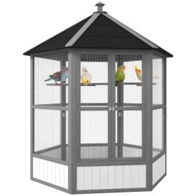 69 Wooden Hexagonal Outdoor Aviary Flight Bird Cage With Covered Roof, Light Gray