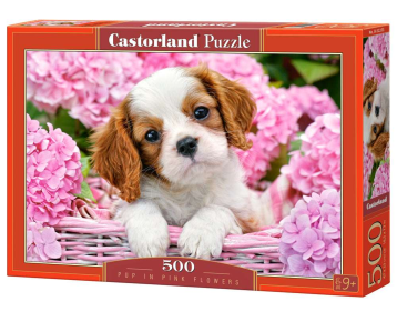 Pup in Pink Flowers, 500 Piece Jigsaw Puzzle