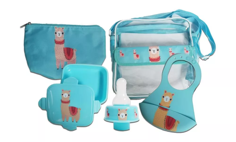 Refresh-A-Baby Feeding Essentials Kit Includes: Universal Bottle Top Adaptor Resealable Container Silicone Bib Clear Travel Bag (Llama)