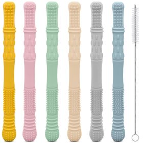 Teething Straws for Babies – 6-Pack 17cm Hollow Chew Tubes with Toothbrush Texture – Soft Silicone Teether Toys for Gum Relief – Neutral Colors