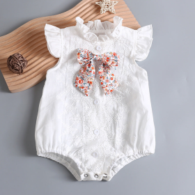 Baby Girl Embroidery Pattern Round Neck Mullet Design Sleeveless Cardigan Onesies With Bow Decorations (Color: White, size: 90 (12-24M))