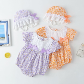 Baby Girl Floral Pattern Lace Patchwork Round Collar Short-Sleeved Colorful Cotton Onesies With Hat (Color: purple, size: 66 (3-6M))