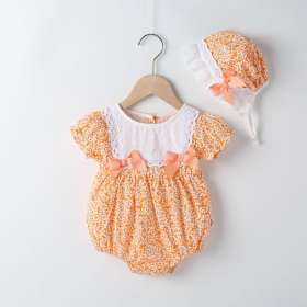 Baby Girl Floral Pattern Lace Patchwork Round Collar Short-Sleeved Colorful Cotton Onesies With Hat (Color: Orange, size: 66 (3-6M))