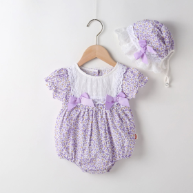 Baby Girl Floral Pattern Lace Patchwork Round Collar Short-Sleeved Colorful Cotton Onesies With Hat (Color: purple, size: 80 (9-12M))