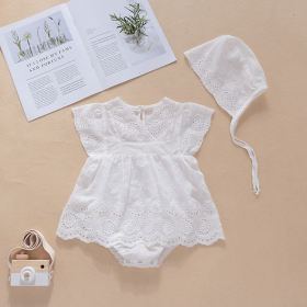 Baby Girls Solid Color Hollow Design V Collar Sleeveless Onesies Dress In Summer With Hat (Color: White, size: 73 (6-9M))