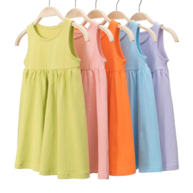 Baby Girls Solid Round Collar Design Sleeveless Dress In Summer (Color: Orange, size: 110 (3-5Y))