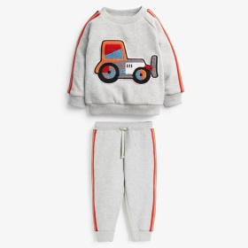 Baby Boy Cartoon Truck Pattern Side Striped Design Hoodie & Trousers Warm Sets (Color: Grey, size: 90 (12-24M))