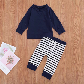 Baby Boy 1pcs Solid Color Hoodie Combo Striped Pattern Trousers Sets (Color: Blue, size: 73 (6-9M))