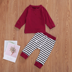 Baby Boy 1pcs Solid Color Hoodie Combo Striped Pattern Trousers Sets (Color: Red, size: 73 (6-9M))
