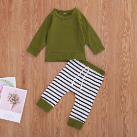 Baby Boy 1pcs Solid Color Hoodie Combo Striped Pattern Trousers Sets (Color: green, size: 80 (9-12M))