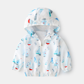 Baby Boy Cartoon Pattern Zipper Front Design Mesh Cloth Jacket Coat (Color: White, size: 100 (2-3Y))
