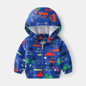 Baby Boy Cartoon Pattern Zipper Front Design Mesh Cloth Jacket Coat (Color: Navy blue, size: 130 (7-8Y))