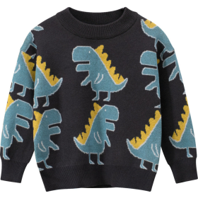 Baby All Over Cartoon Dinosaur Graphic Long Sleeves Pullover Knitting Sweater (Color: Grey, size: 90 (12-24M))