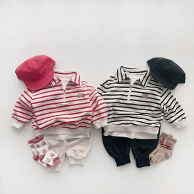 Baby Cute Bear Embroide & Striped Pattern Polo Neck Cotton Hoodies (Color: Red, size: 90 (12-24M))