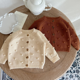 Baby Solid Color Fur-Ball Patched Design Cardigan (Color: Apricot, size: 100 (2-3Y))