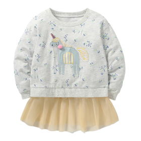 Baby Girl Unicorn & Floral Pattern Mesh Patchwork Design Hoodie (Color: White, size: 120 (5-7Y))