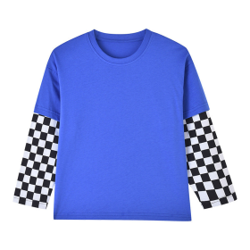 Baby Boy And Girl Plaid Pattern Fake 1 Pieces Sleeve Design Shirt (Color: Blue, size: 100 (2-3Y))