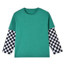 Baby Boy And Girl Plaid Pattern Fake 1 Pieces Sleeve Design Shirt (Color: green, size: 130 (7-8Y))