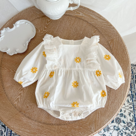Baby Floral Embroide Pattern Ruffle Design Square Collar Onesie (size: 90 (12-24M))