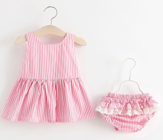 Baby Girl Striped Pattern Dress Combo Short Pants In Sets (Color: pink, size: 90 (12-24M))