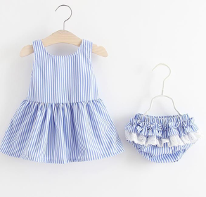 Baby Girl Striped Pattern Dress Combo Short Pants In Sets (Color: Blue, size: 110 (3-5Y))