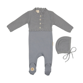 Mock-Cardigan Footie & Hat Set (Color: Slate Blue, size: 6m)
