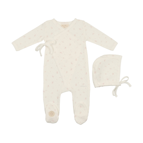 Leaf Print Wrap Footie & Hat Set (Color: Ivory & Pink, size: Preemie)