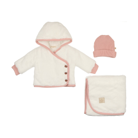 Fur-ever Wrap Jacket Layette Set (Color: Ivory & Pink, size: 9m)