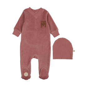 V-Neck Emblem Footie & Hat Set (Color: Dark Rose, size: 6m)