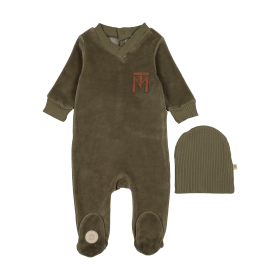 V-Neck Emblem Footie & Hat Set (Color: Sage, size: 3m)