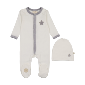 Star-Patch Velour Footie & Hat Set (Color: Ivory & Blue, size: 6m)