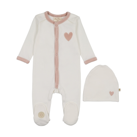 Heart-Patch Velour Footie & Hat Set (Color: Ivory & Pink, size: 1m)