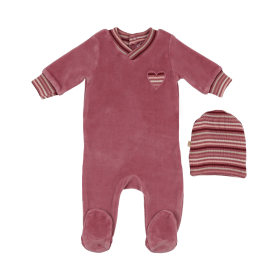 Striped Heart Footie & Hat Set (Color: Dark Rose, size: 6m)