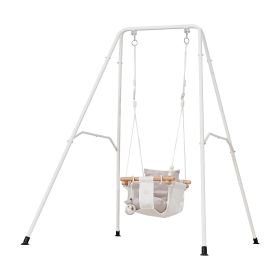 Toddler Swing and Jumper, 2 in 1 Swing Set and Bouncer, Soft Cushion with Foldable A-Frame Metal Stand, Heavy-Duty Thick Ropes (product color: Gray, Swing Position Type: Fabric Baby Seat+Bouncer Seat)