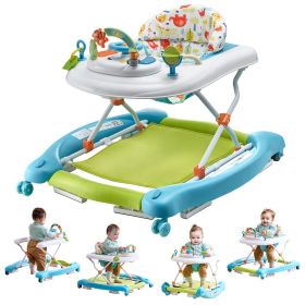 4-in-1 Baby Walker, Foldable Baby Activity Center on Wheels, 3 Adjustable Height, Music & Toys Tray (Functional Morphology: 4 in 1, Color: White+Blue)