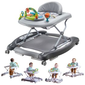 4-in-1 Baby Walker, Foldable Baby Activity Center on Wheels, 3 Adjustable Height, Music & Toys Tray (Functional Morphology: 4 in 1, Color: gray)