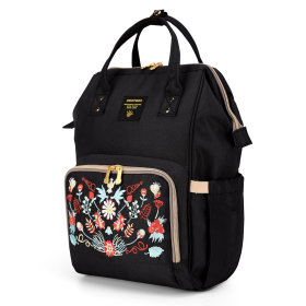 Classic Embroidered Diaper Backpack (Color: Black Flower)