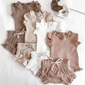 Baby Girl Wood Ear Design Solid Color Sleeveless Round Collar Tops Combo Shorts Sets IN Summer (Color: White, size: 66 (3-6M))