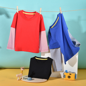 Boys And Girls Striped Sleeve Patchwork O-Neck Fake 2-Pieces Hoodie In Autumn (Color: Red, size: 100 (2-3Y))