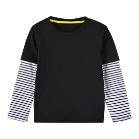 Boys And Girls Striped Sleeve Patchwork O-Neck Fake 2-Pieces Hoodie In Autumn (Color: Black, size: 150 (10-12Y))